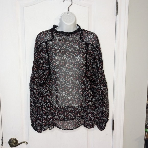 Zara Floral Print Peasant Blouse Balloon Sleeves black Large @A7 - Picture 8 of 9